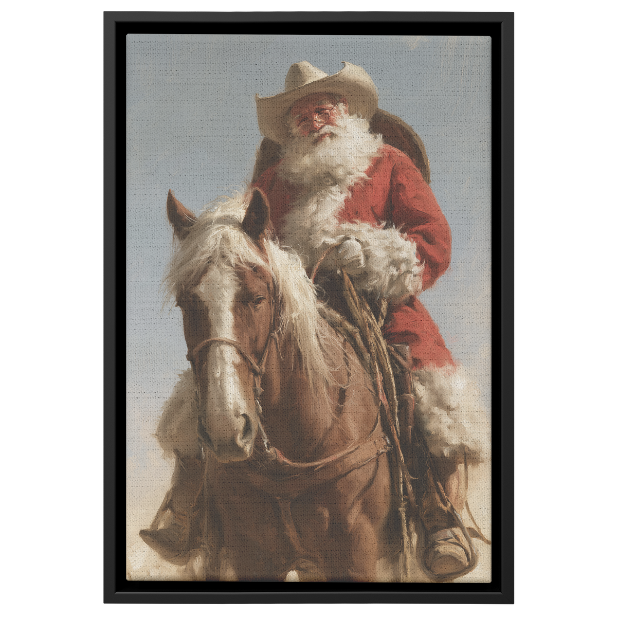 Cowboy Santa art canvas of Santa riding out on a pale gold horse with his sack