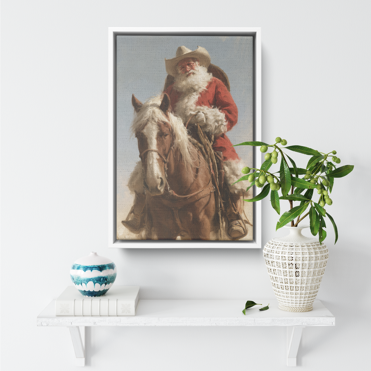 Cowboy Santa on horseback canvas shown at a smaller size on a wall