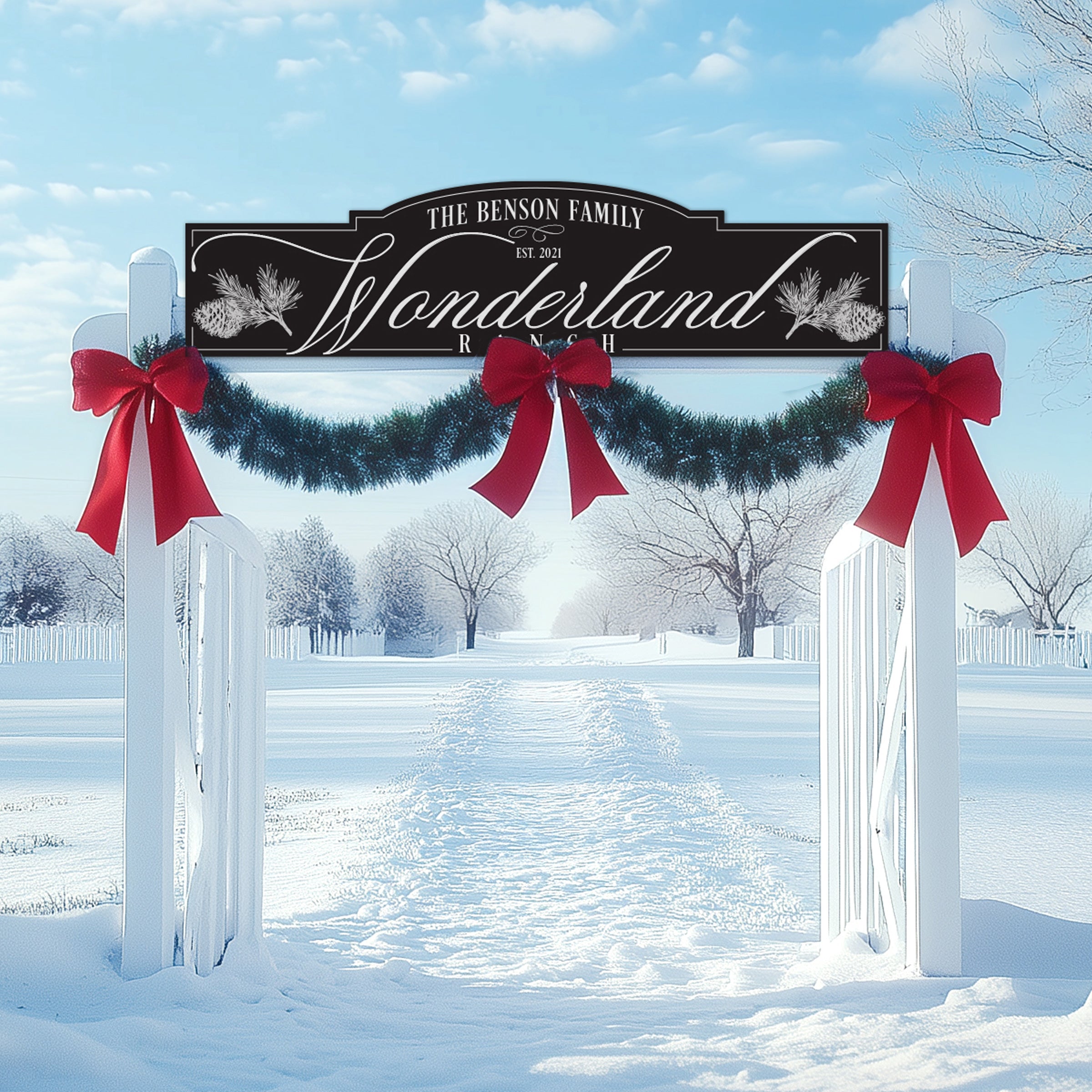 Custom Farm Entrance Signs all decorated for Christmas