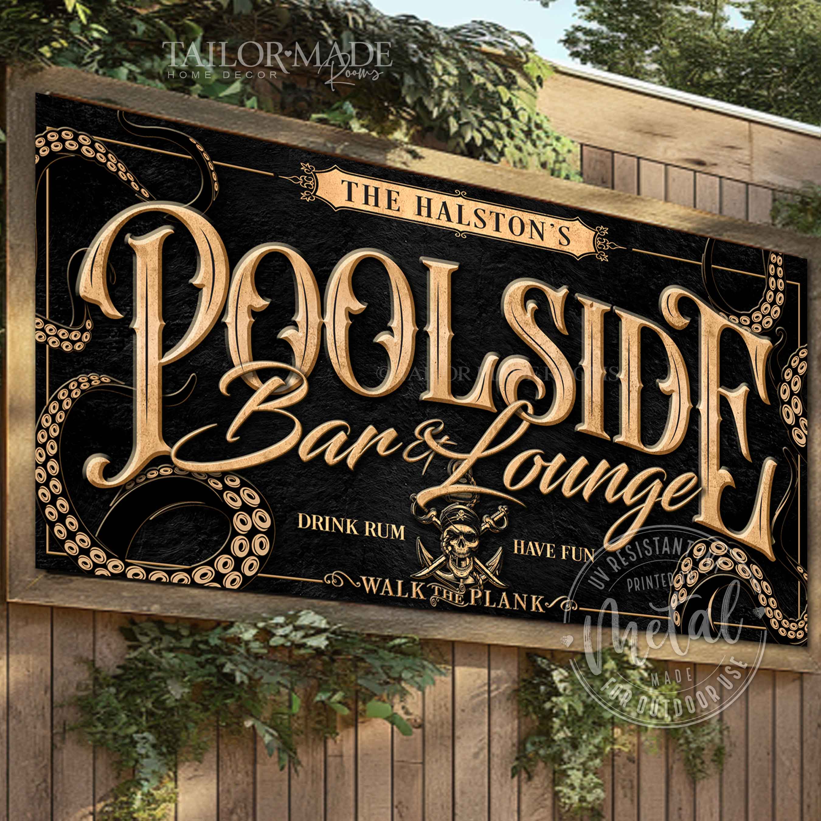 Custom pool Signs gold letters on black textured background with the words Poolside Bar and Lounge with a pirate and Kraken Tentacles