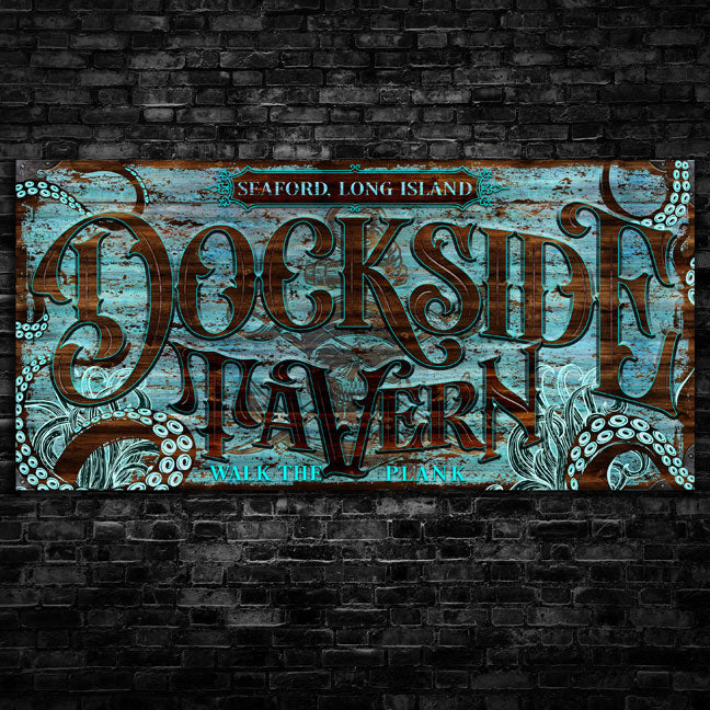 Your City and state, Dockside Tavern written in faux wood with light blue background, images of tentacles