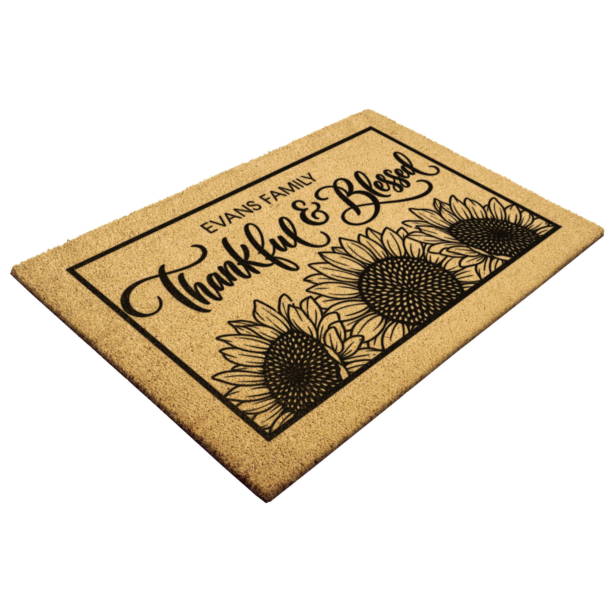Thankful and Blessed fall doormat angled view showing coir texture and black backing