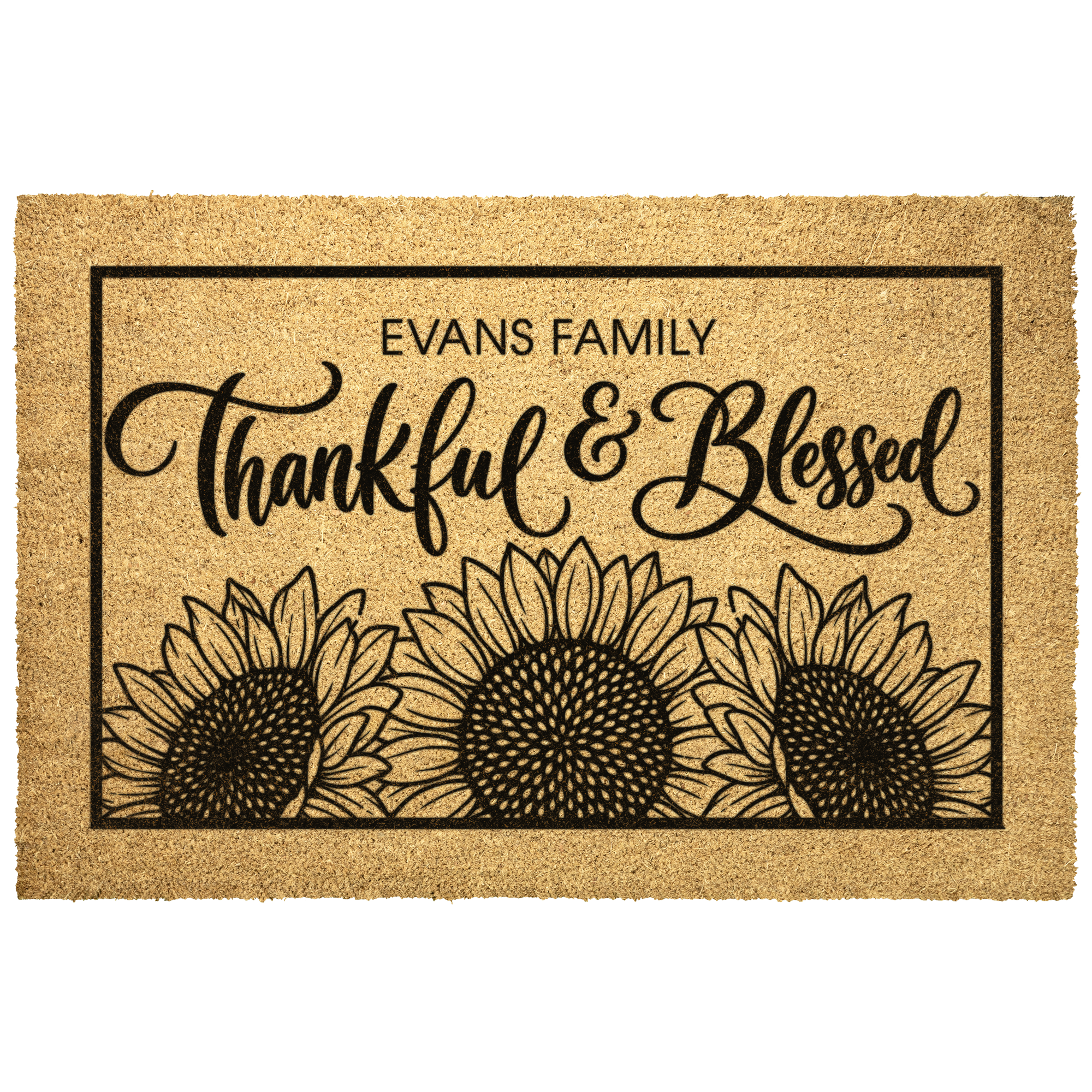 Personalized Thankful and Blessed Doormat front view on natural golden coir