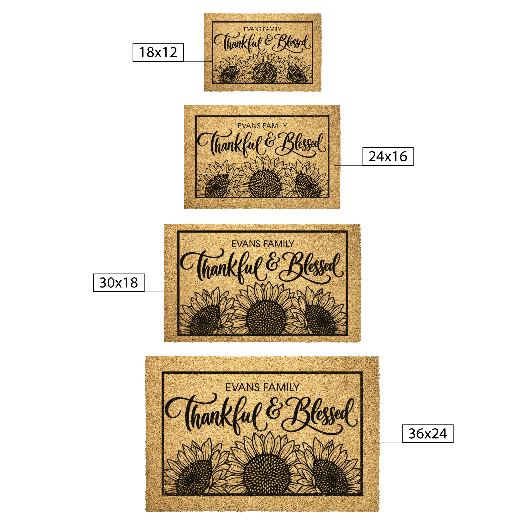 Size guide for Thankful and Blessed fall doormat showing 18x12 to 36x24 options