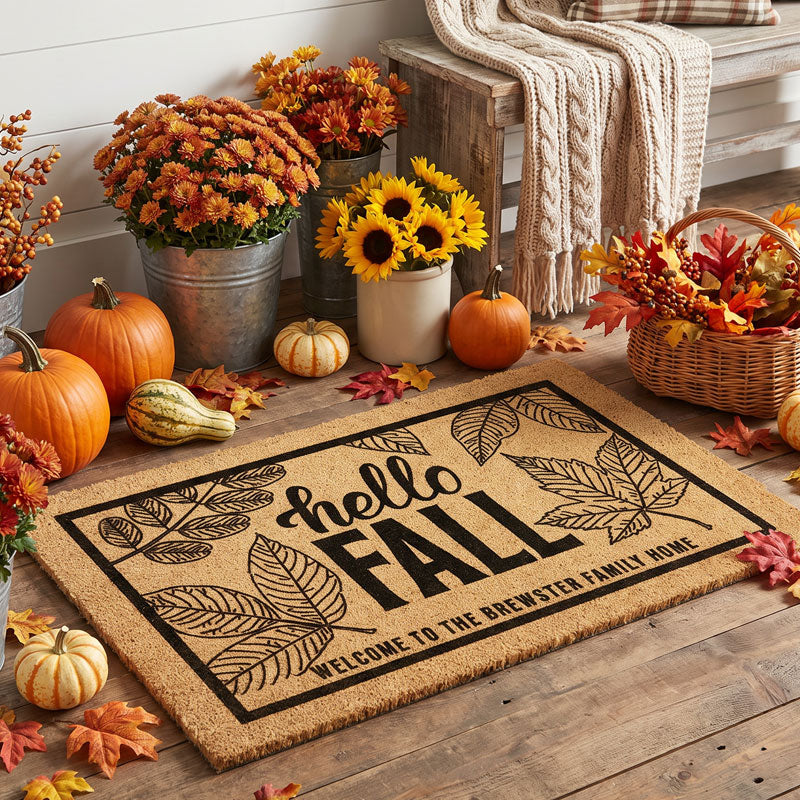 Hello Fall doormat in bold black lettering on natural golden coir bristles