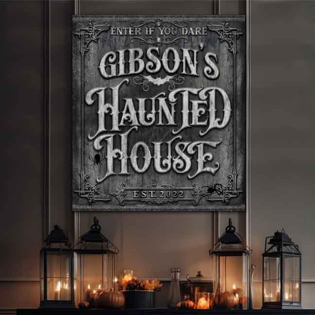 Halloween wall decor sign personalized haunted house, Enter if you dare Sign with faux gravestone texture and a ornate gravestone frame.