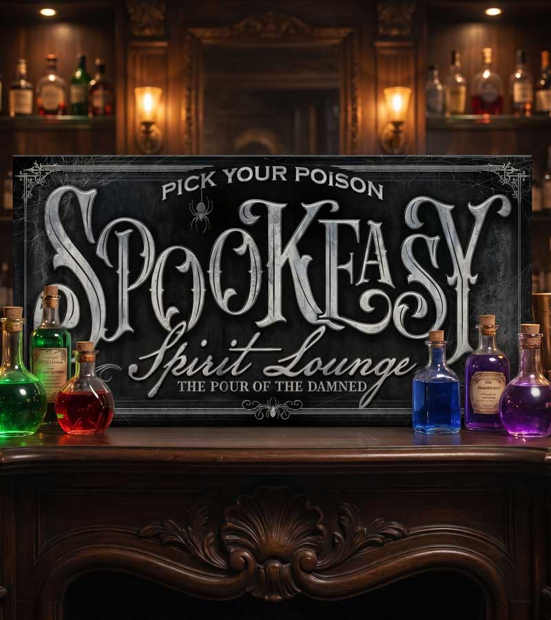 Decorative sign for 'Spookeasy Spirit Lounge' with colorful bottles on a bar counter.