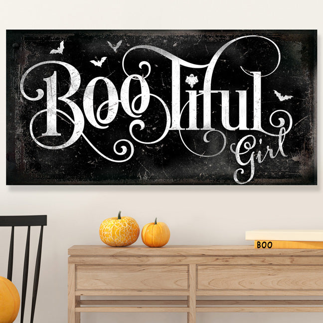 Halloween decor for girls on black distressed background with the words Bootiful Girl.