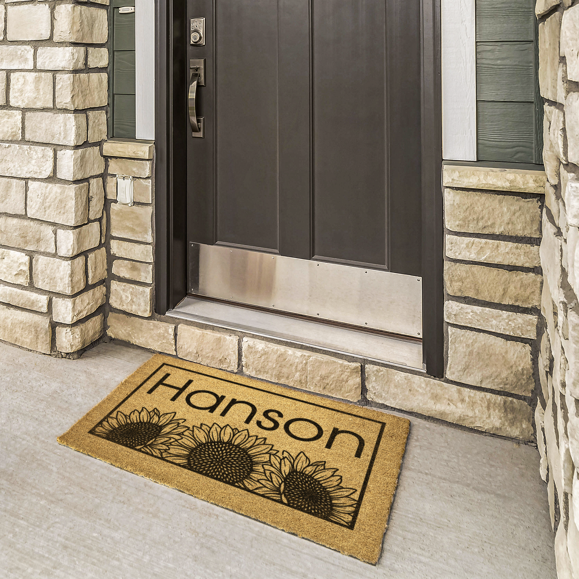 Custom sunflower family name fall doormat styled at front door