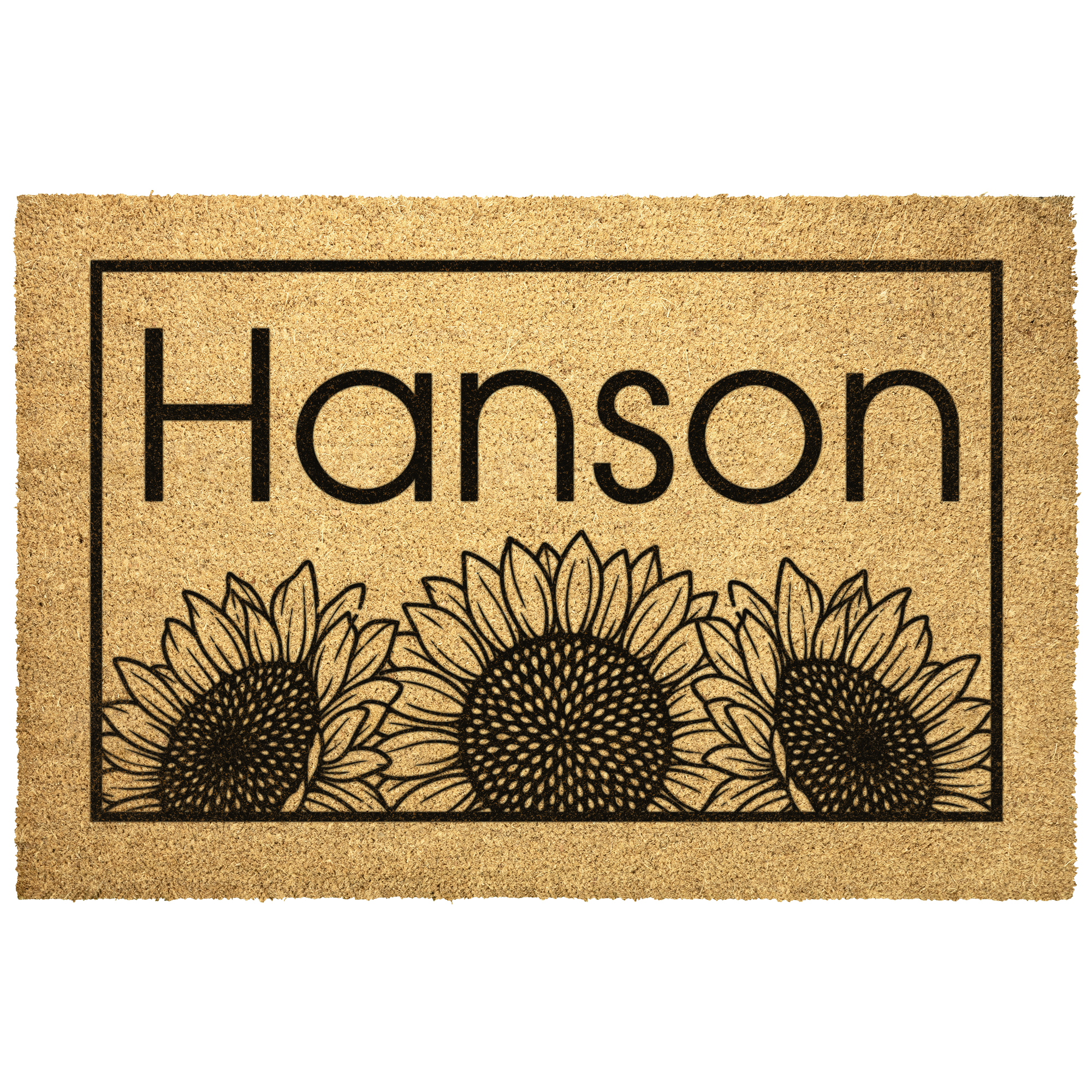 Personalized Sunflower Fall Doormat front view on natural golden coir bristles