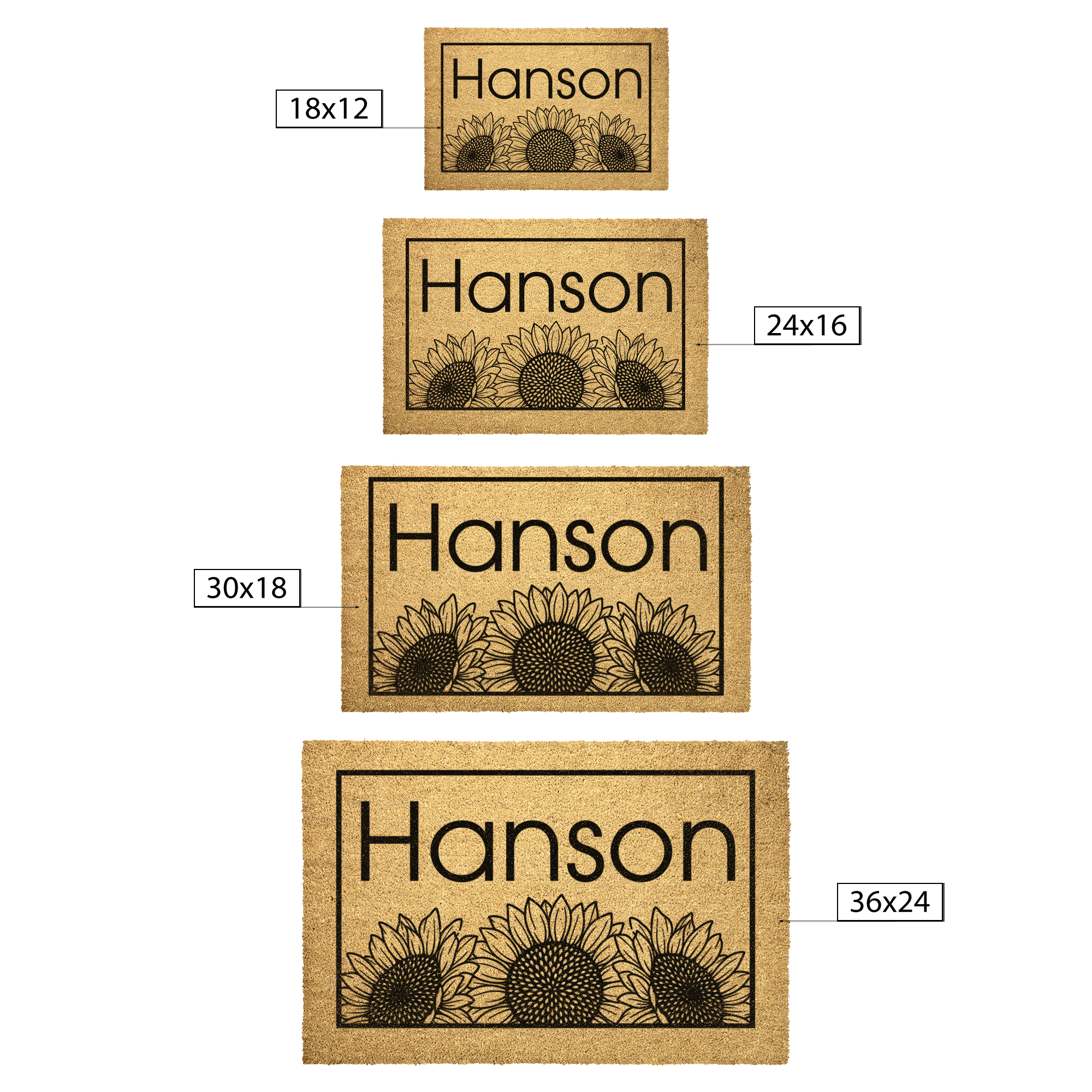 Fall doormat size guide showing 18x12 24x16 30x18 and 36x24 size options