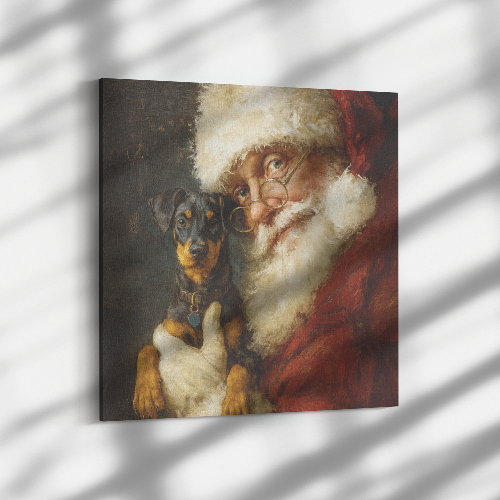 Heirloom Santa pet art Santa holding Doberman Pinscher canvas print