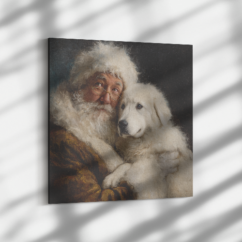 Heirloom pet art Santa holding Great Pyrenees dog