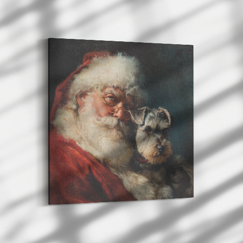 Heirloom Santa pet art with Santa holding Schnauzer dog canvas print