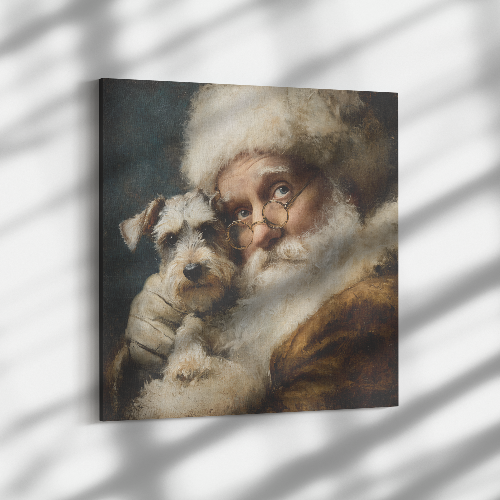 Heirloom Santa pet art Santa holding Schnauzer canvas print