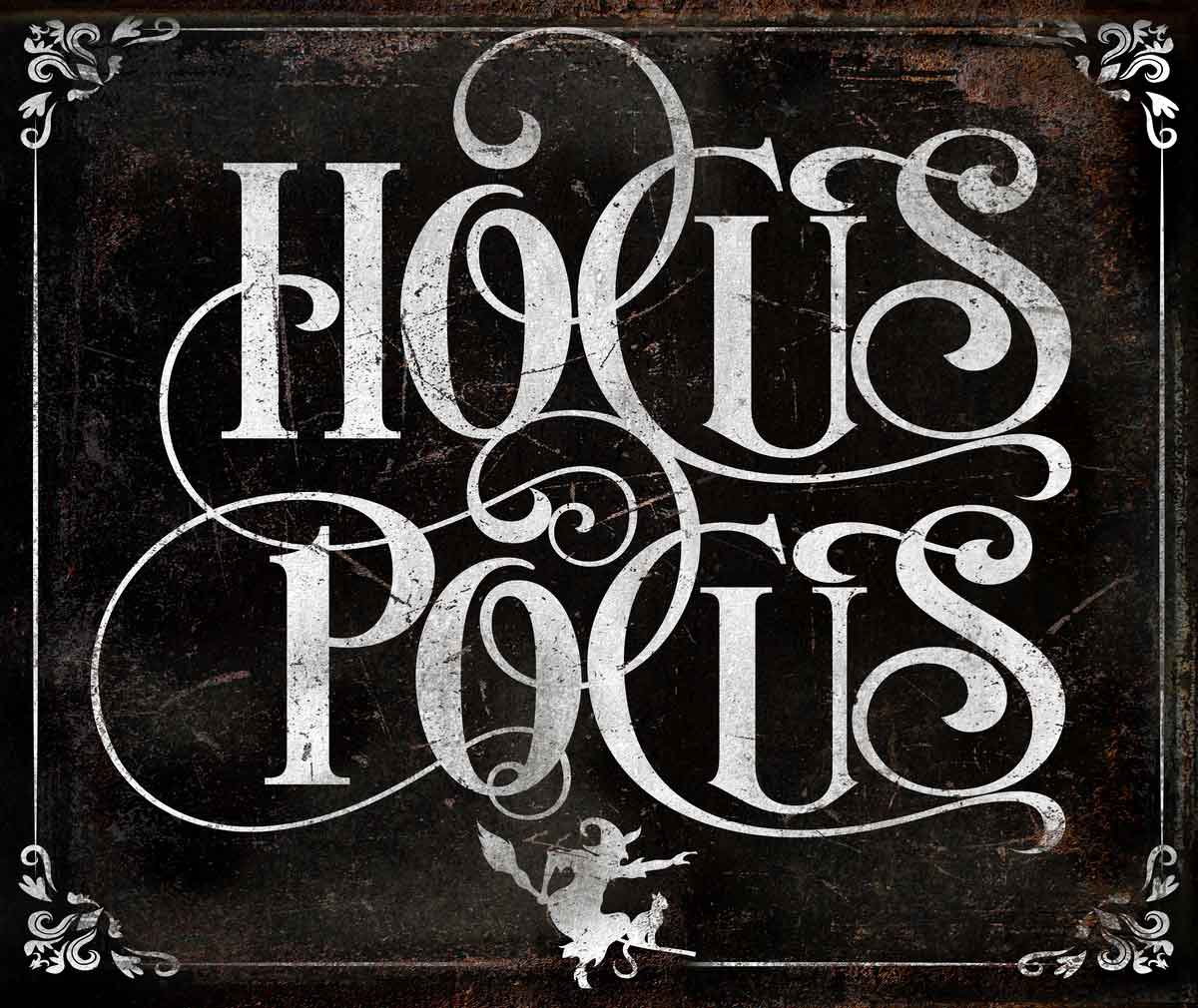 Hocus Pocus Halloween Wall Sign on distressed background and the words in fancy script Hocus Pocus and a little witch.