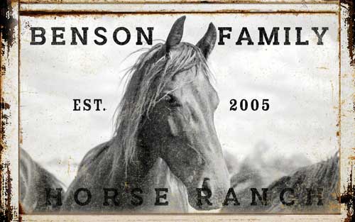 horse stable decor of a horse on distress background and family name and ranch name