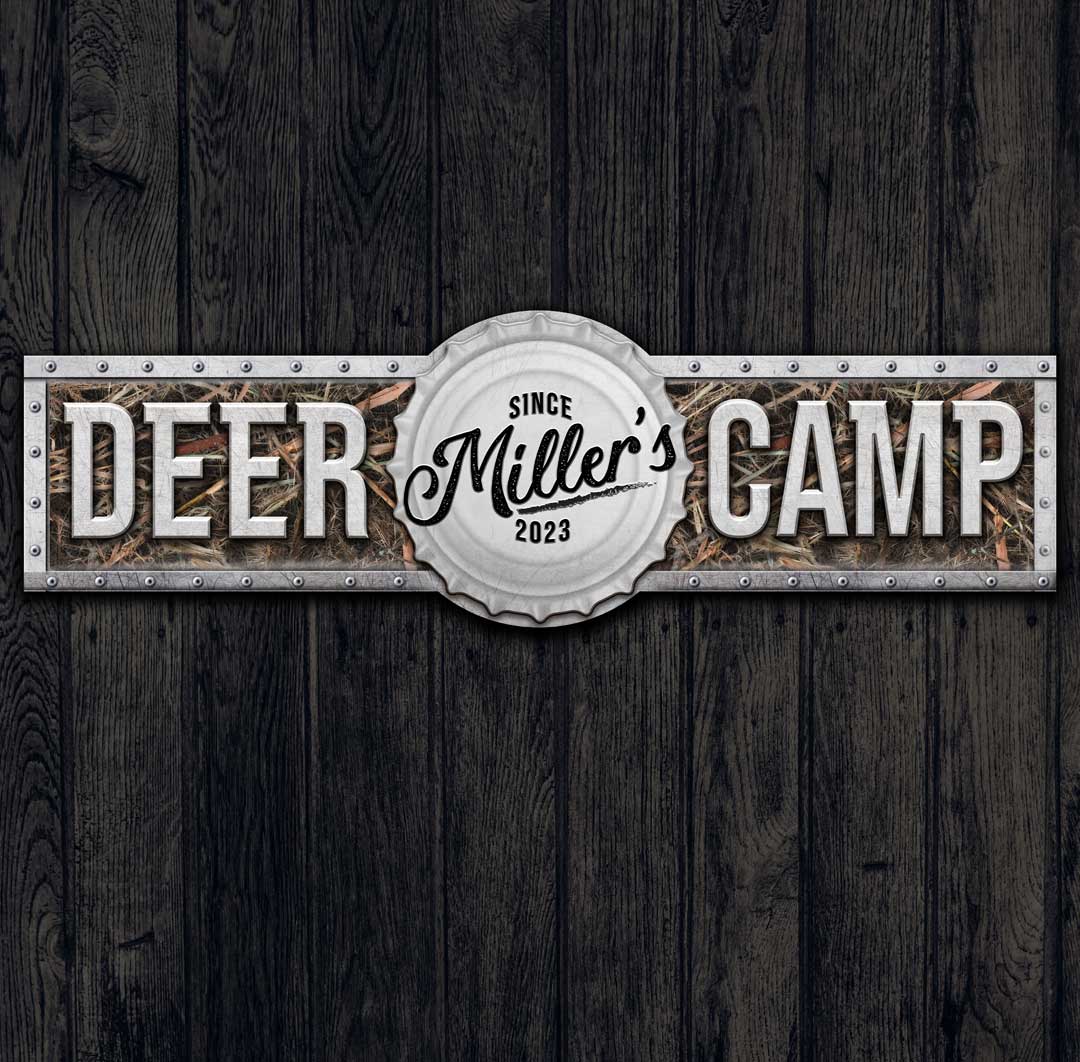 Deer hunting decor -Large Metal Barn Sign- Deer camp sign that looks like beveled metal with camo on the background and the words Deer Camp.