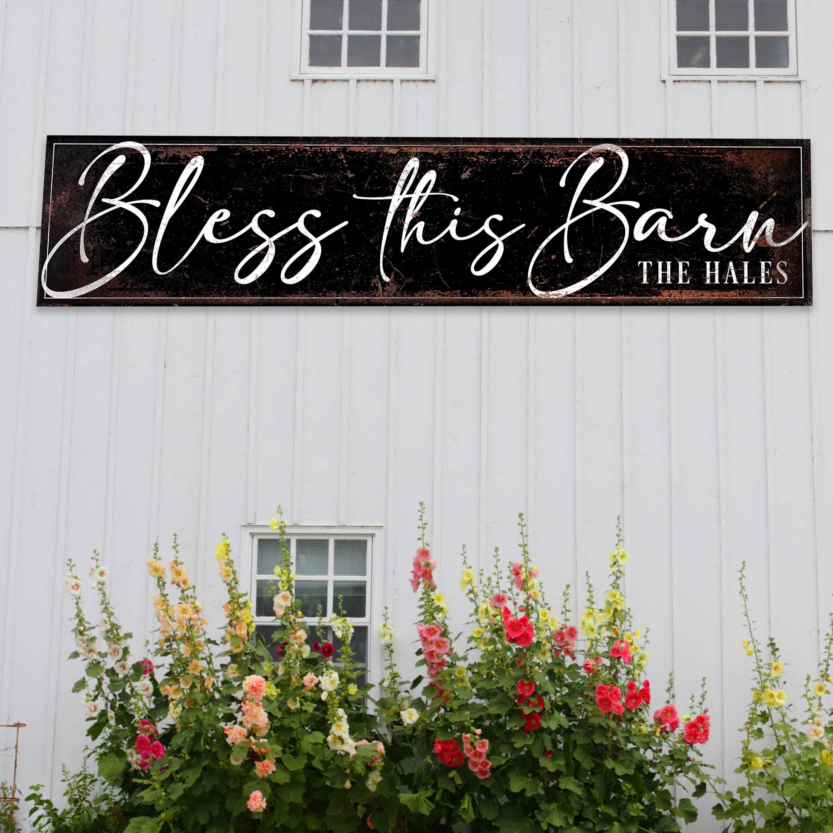 Large Metal Barn Sign on distressed black background with the words: Bless this Barn and family name.