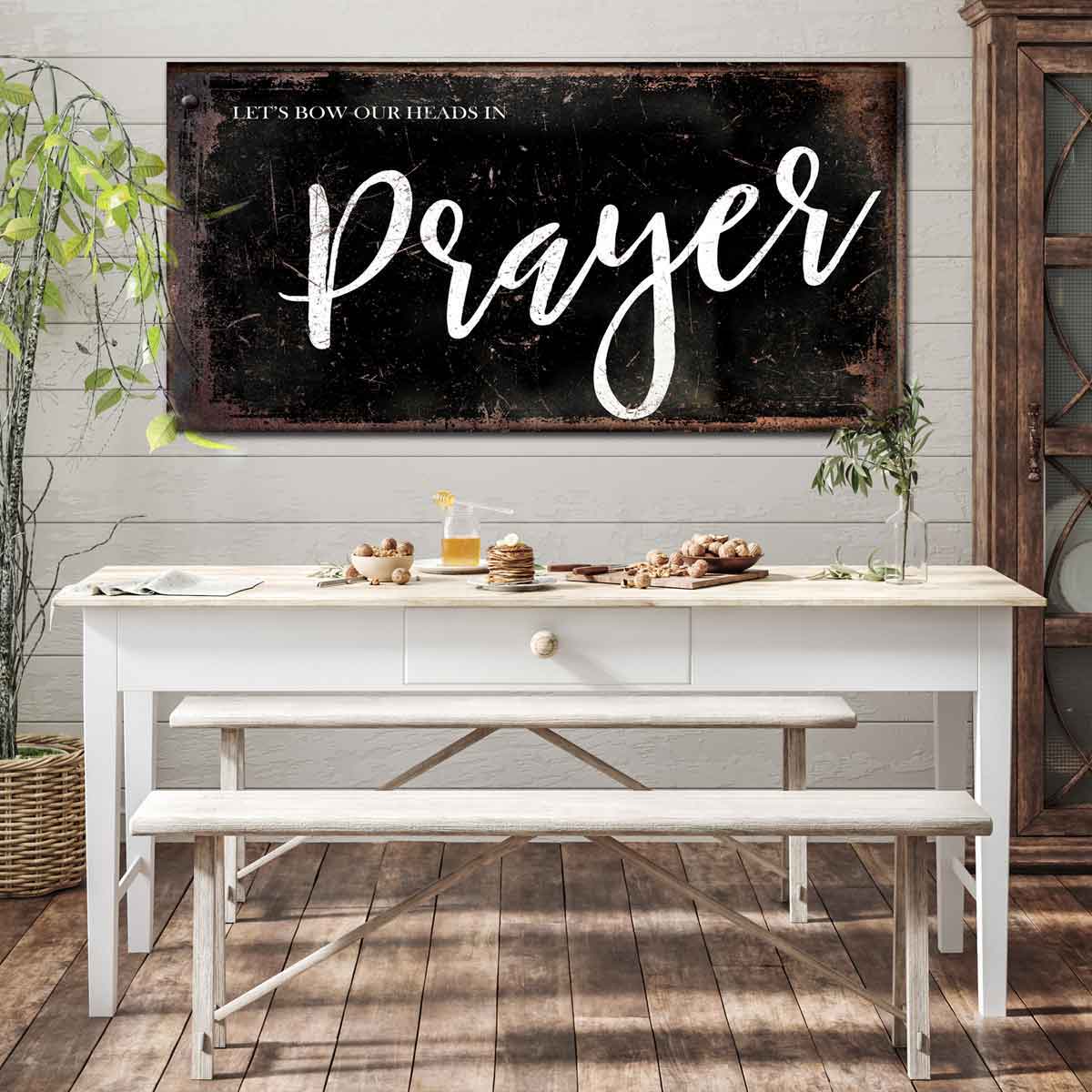 Rustic Modern Farmhouse Sign on faux rusty metal sign with the words: Let's Bow Our Heads in Prayer