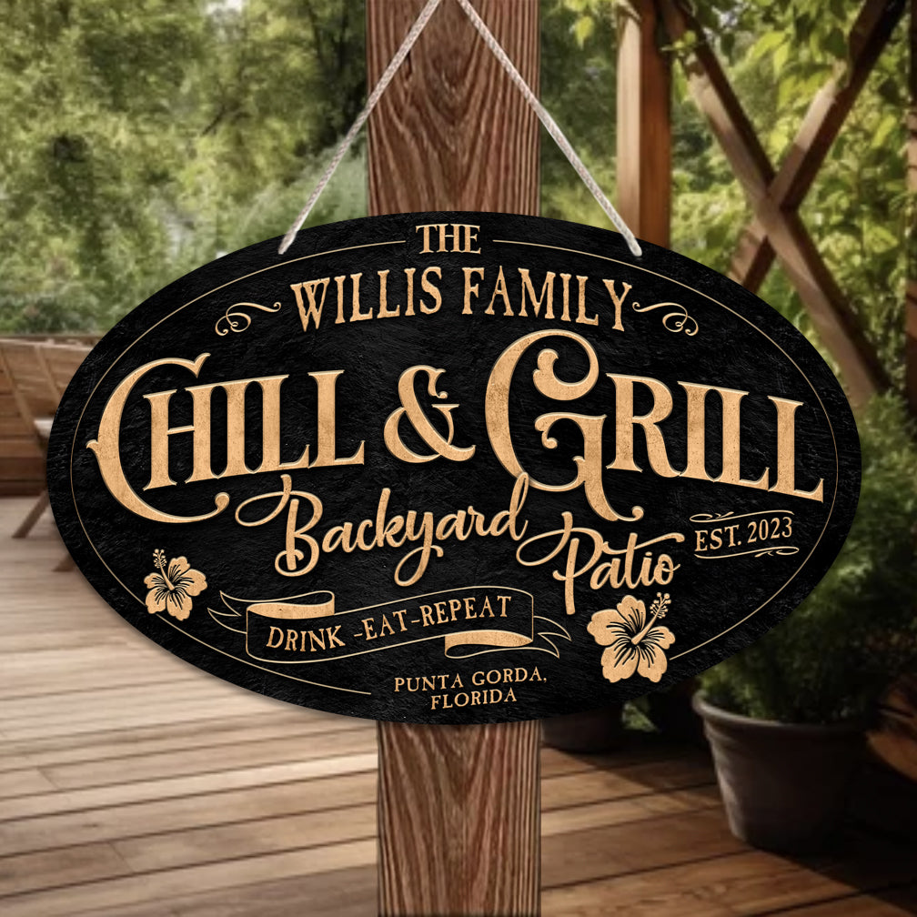 Outdoor Bar sign on black textured background with the words - Chill & Grill backyard Patio personalized