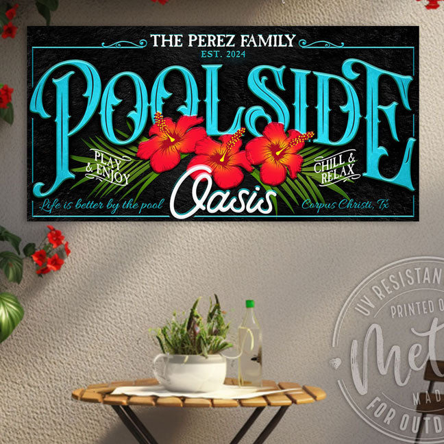 Personalized Pool Sign with red Hibiscus flower