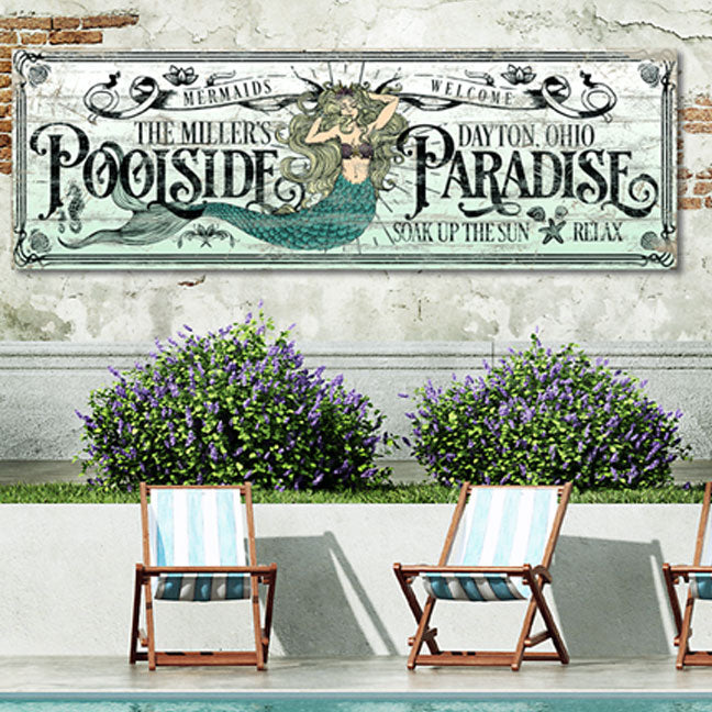 Dive into a Mermaid poolside paradise  Pool sign - white distressed wood with a green mermaid that says: mermaids welcome - family name- poolside paradise, soak up the sun and relax