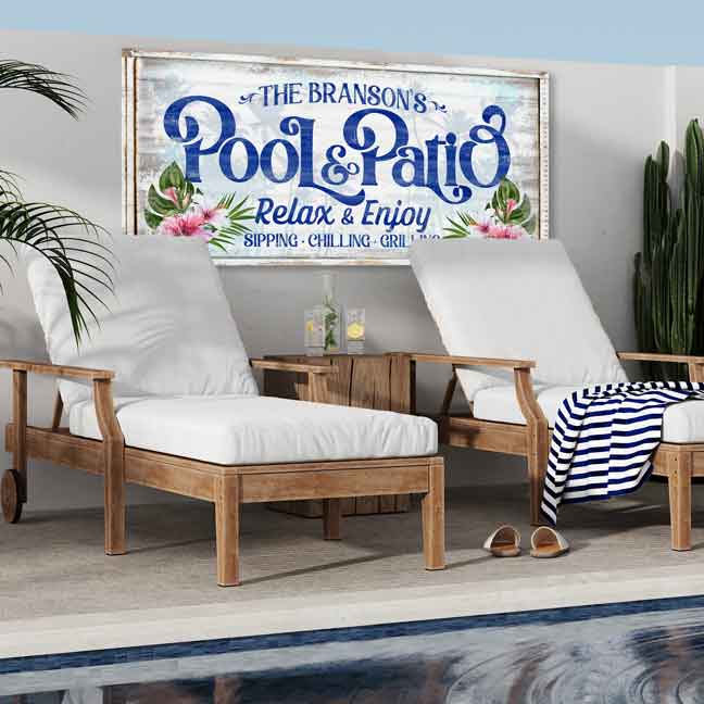 Pool sign personalized with family name and the words Pool and Patio relax and enjoy.