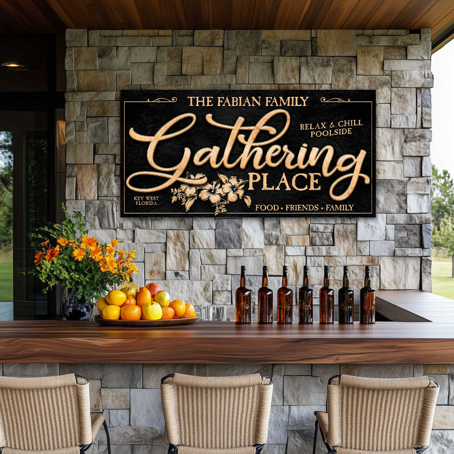 pool and patio decor sign in gold and black hanging on a stone wall