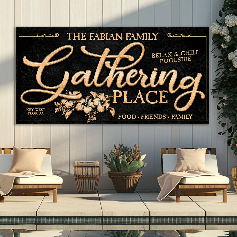 Pool decor for a poolside oasis in black and gold lettering