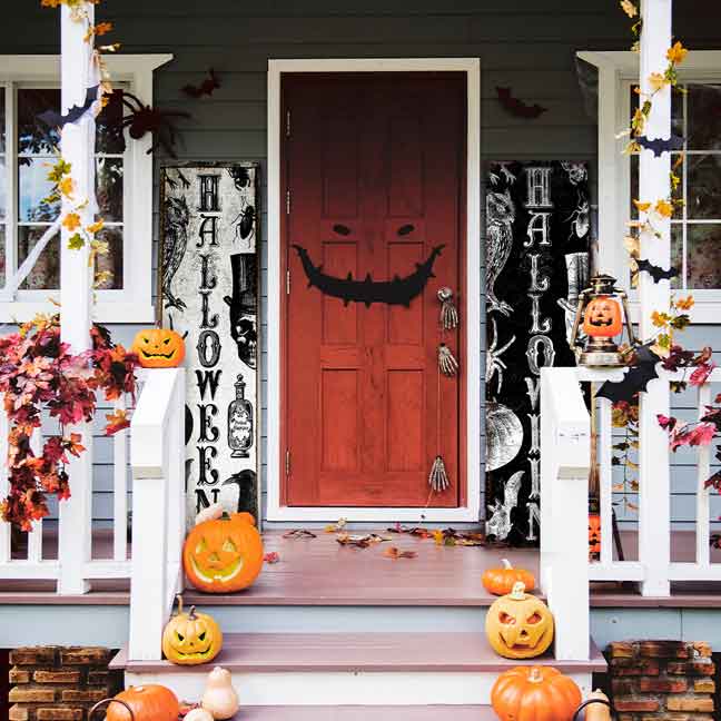 Halloween Porch sign in black and white that adorn the door with halloween  theme graphics
