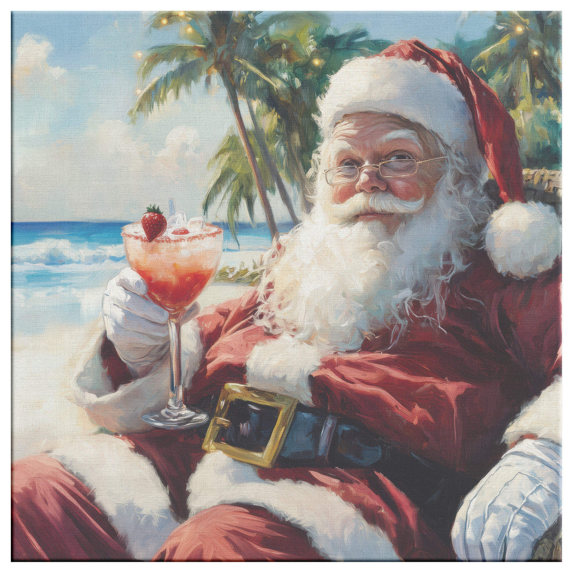 Santa art coastal decor Santa on the beach drinking a margarita
