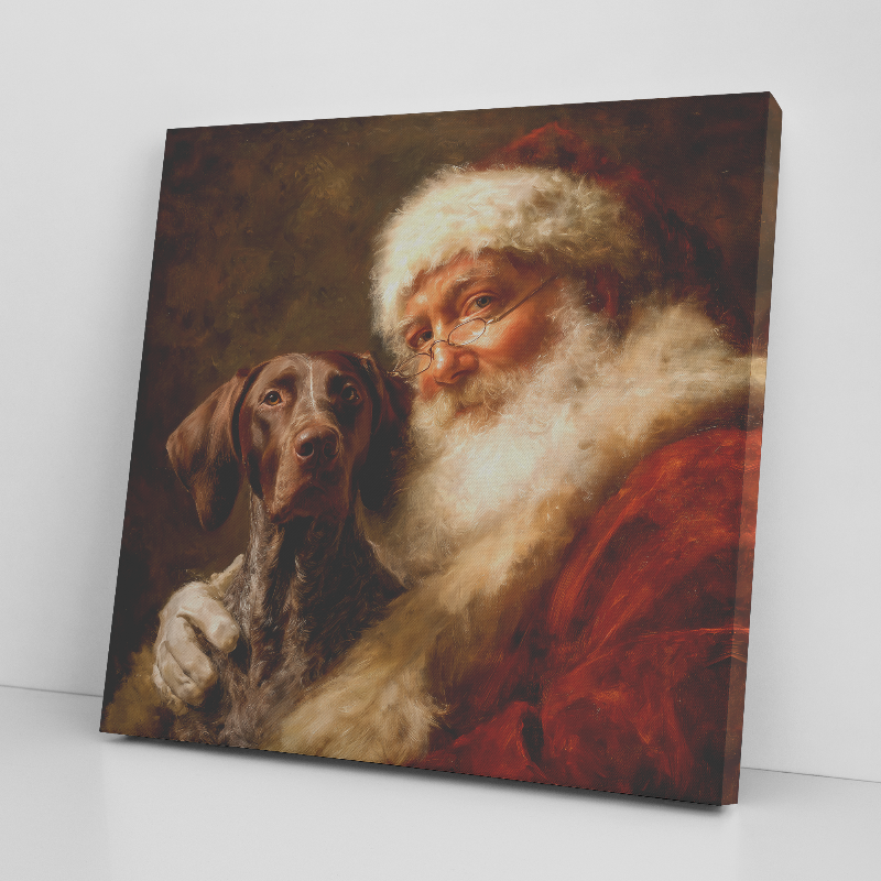 Santa with German Shorthaired Pointer, classic santa art