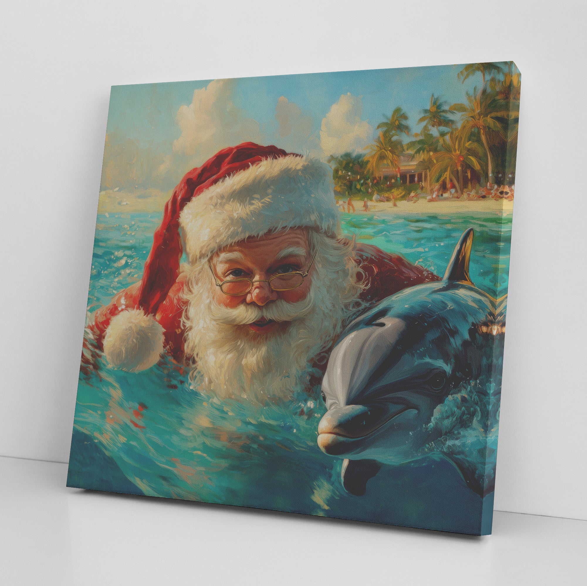 santa art swimming with a dolphin coastal wall art