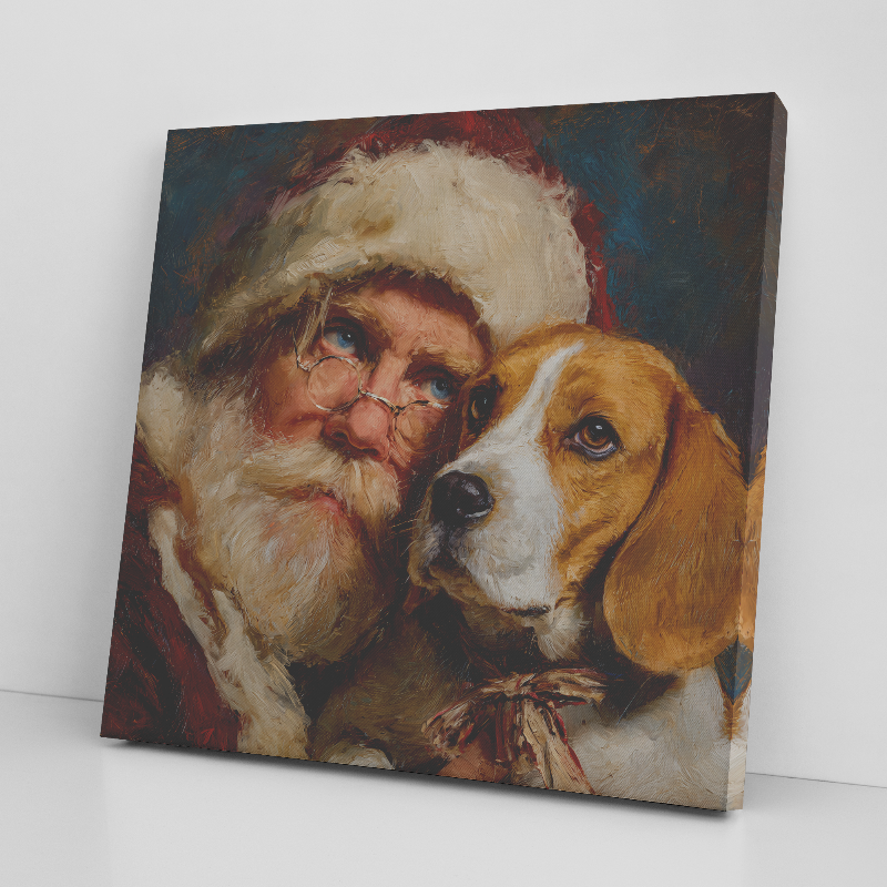 Santa with Beagle, nostalgic santa art