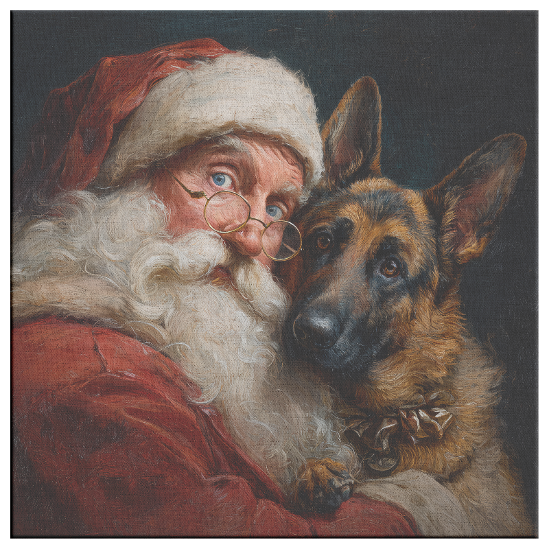 Vintage Santa holding a German Shepherd—canvas portrait