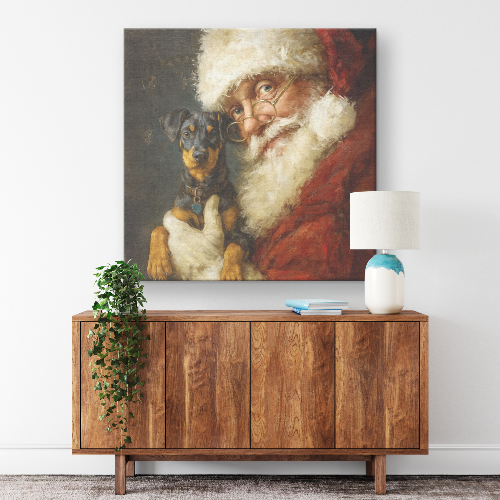 Santa lifting up pet Doberman Pinscher canvas print