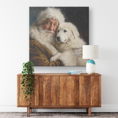 Santa art with Santa holding Great Pyrenees dog canvas print