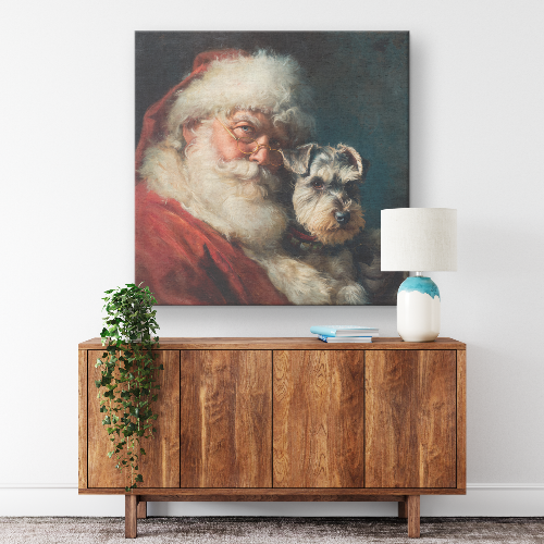 Santa art with Santa holding pet Schnauzer canvas print