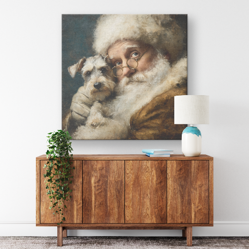 Santa canvas print art with Santa holding Schnauzer