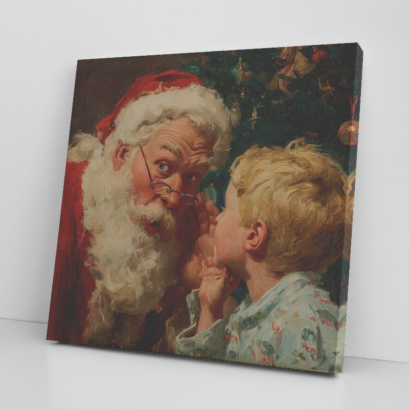santa canvas of boy whispering on vintage style canvase