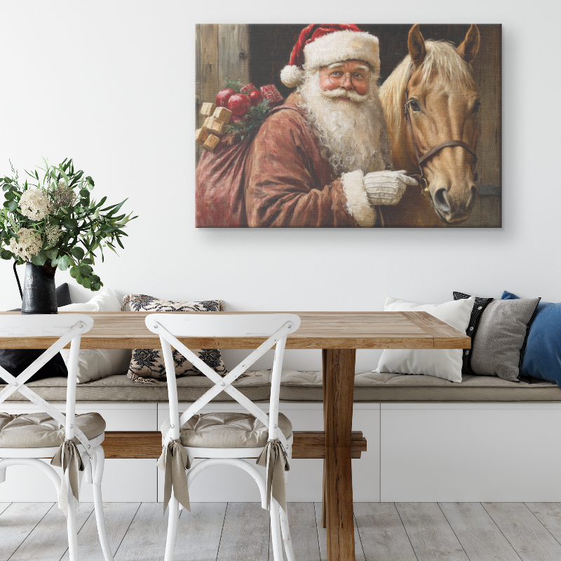 santa clause art with santa holding a horse by the reins