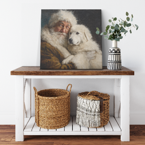 Santa pet canvas art collection of Santa holding Great Pyrenees dog