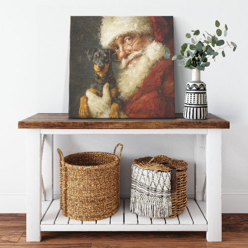 Santa pet art Santa holding Doberman Pinscher canvas print