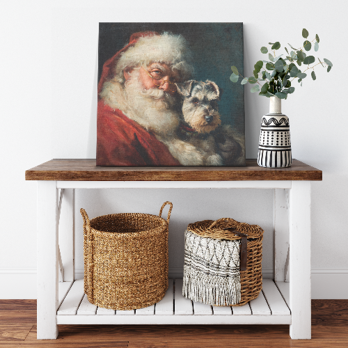 Santa pet art with Santa holding Schnauzer canvas print