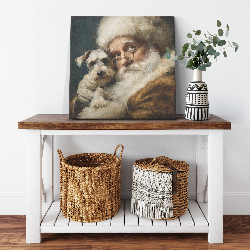 Santa Pet art with Santa holding Schnauzer dog - canvas print