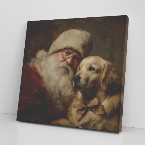 Santa pet portrait with Golden Retriever, classic Santa Art