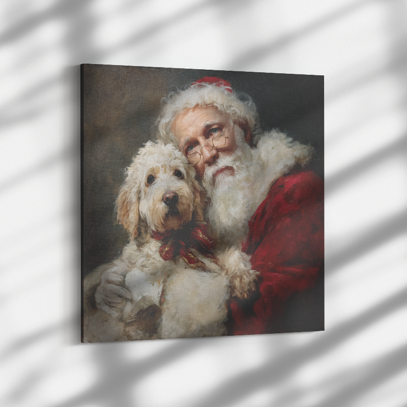 Santa portrait with goldendoodle dog on canvas