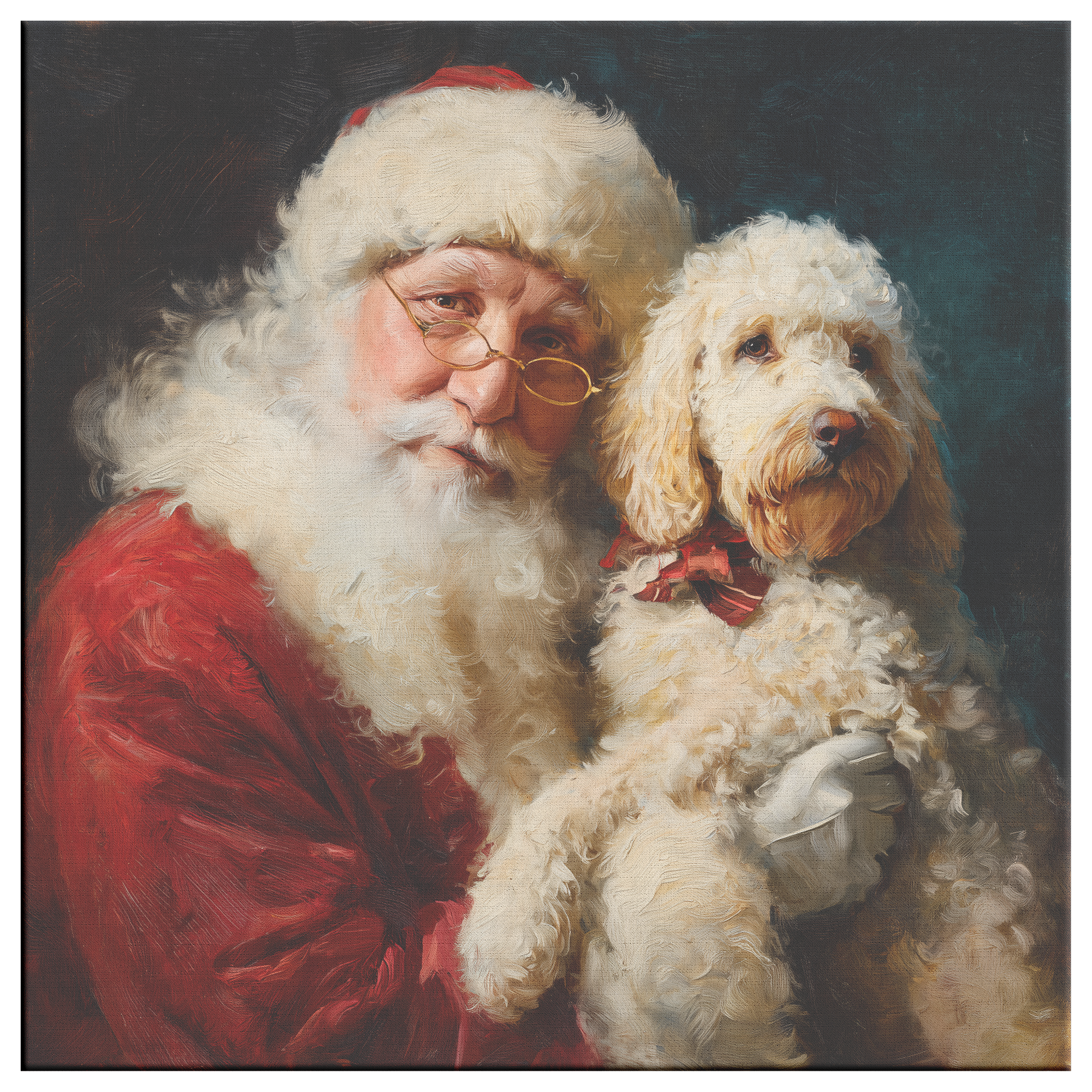 santa art of a paintings of santa holding a goldendoodle dog as a christmas portrait.