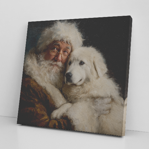 Santa holding onto Great Pyrenees dog canvas art print